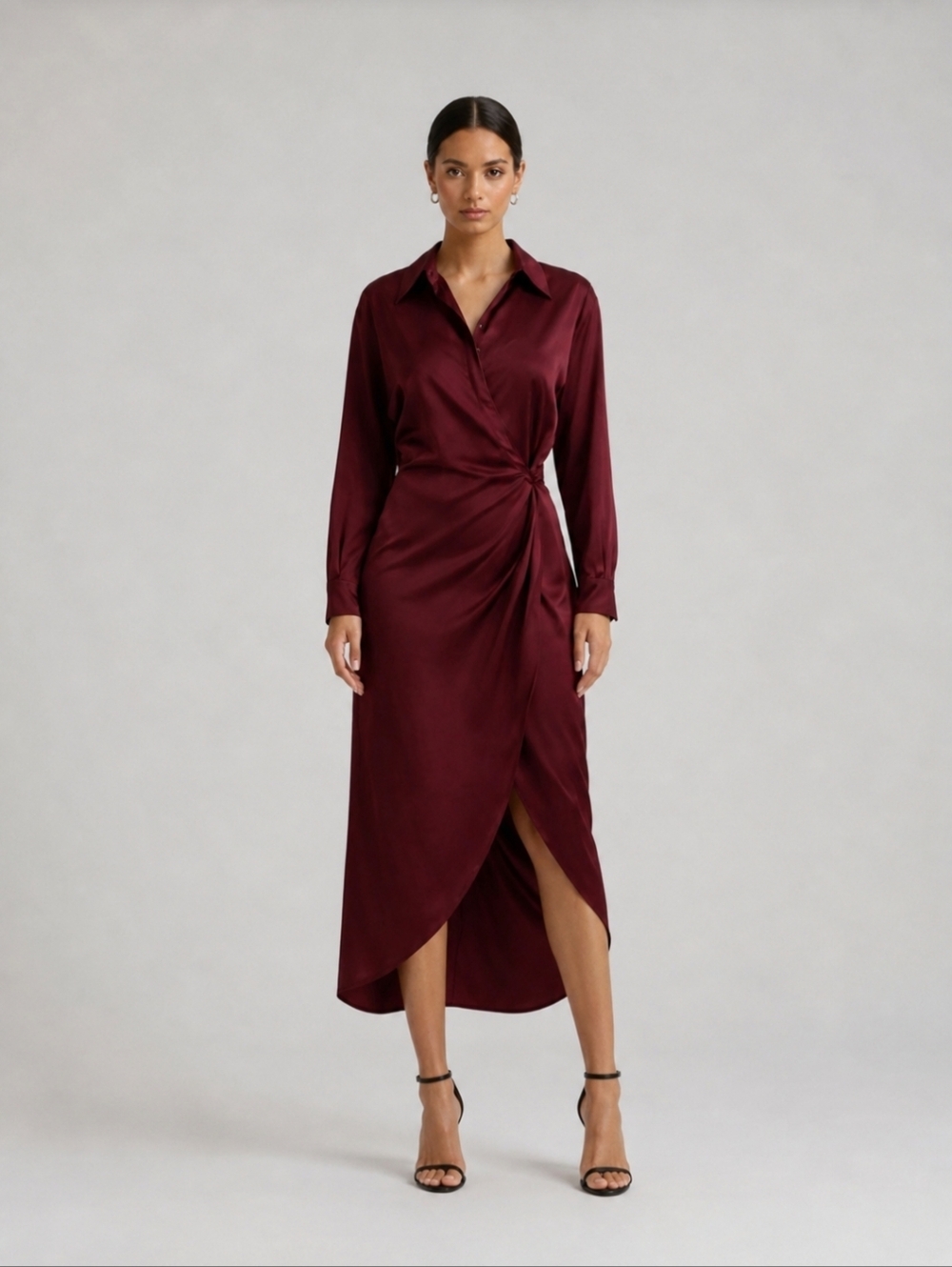 Astr Satin Wrap Midi Dress in Burgundy